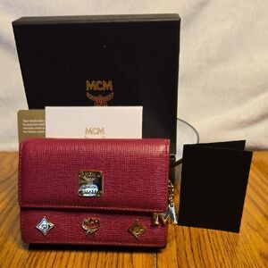 MCM Raspberry Pink Leather Double Flap Wallet with Gold Hardware And Charm